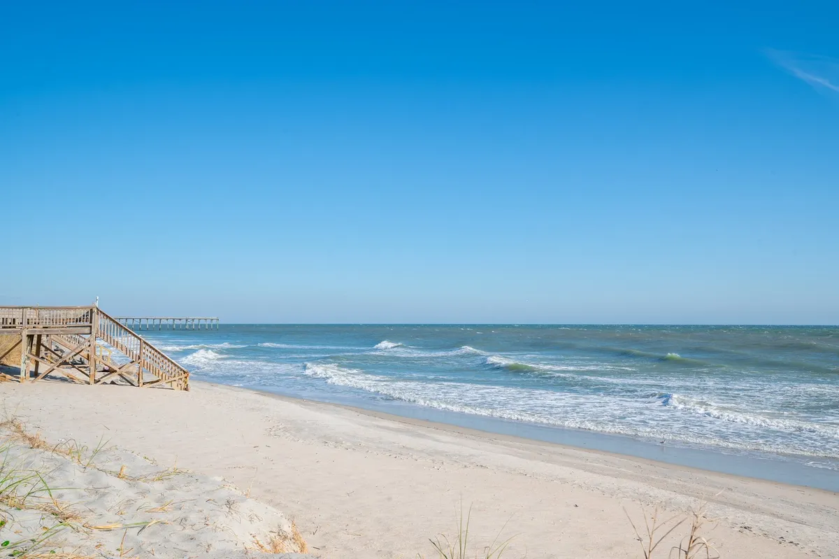 An exterior scene showcasing a wooden boardwalk leading toward the ocean, with waves, a clear blue sky, and expansive sandy beach. The environment is tranquil and inviting for both people and pets.
